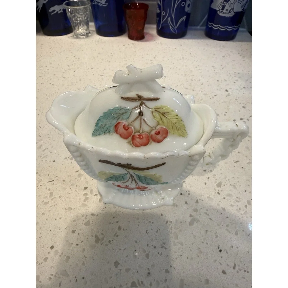 Westmoreland Milk Glass Beaded Painted Grape Cherry Covered Creamer Mid Century